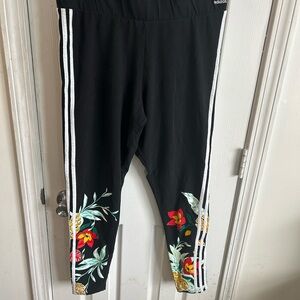 adidas Black Leggings with White Stripes and Floral Accents